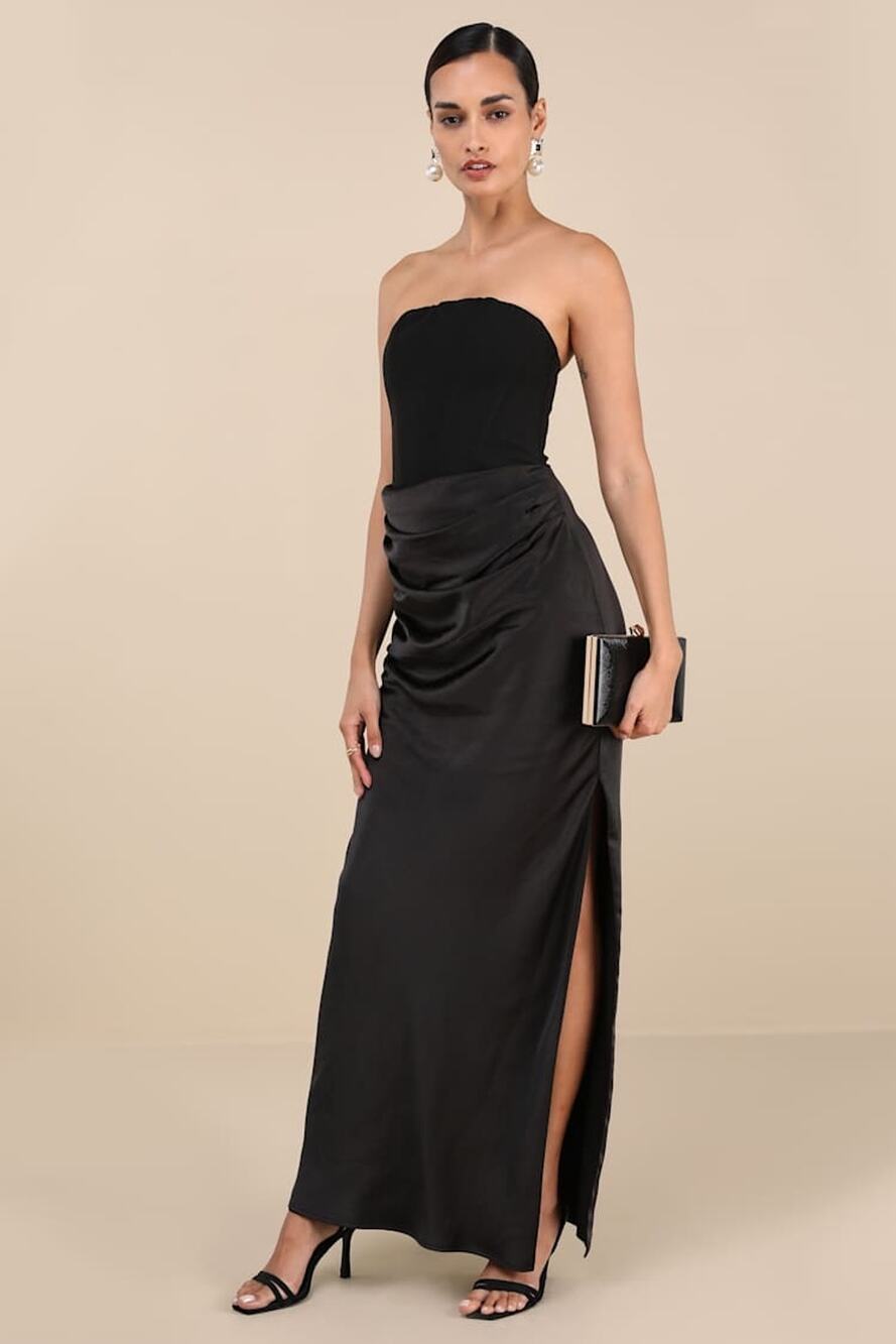 NWT Lulus Mella Black Mixed Media Strapless Maxi Dress Bridesmaid Banquet Sz XS